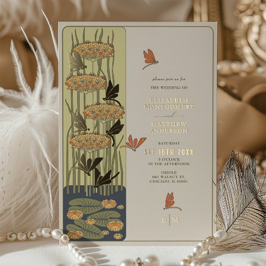 Art Nouveau Dragonfly en bloemenbruiloft Folie Uitnodiging