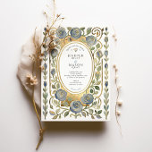 Art Nouveau Dusty Blue & Gold Roses Wedding Kaart