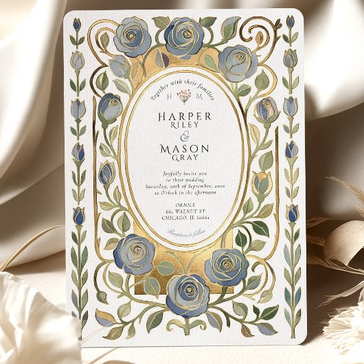 Art Nouveau Dusty Blue & Gold Roses Wedding Kaart