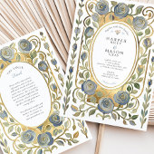 Art Nouveau Dusty Blue & Gold Roses Wedding Kaart