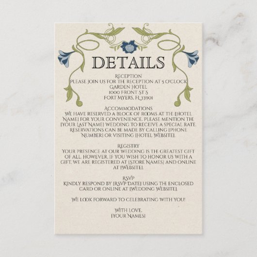 Art Nouveau Dusty Blue Navy Flowers Green Wedding Informatiekaartje (Voorkant)