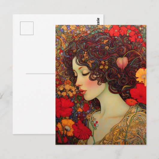 Art Nouveau Een vrouw temidden van rode en gouden  Briefkaart (Voorkant / Achterkant)