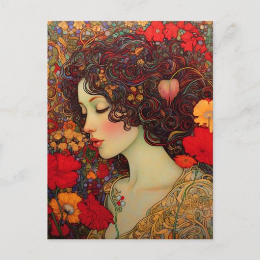 Art Nouveau Een vrouw temidden van rode en gouden  Briefkaart (Voorkant)