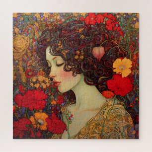 Art Nouveau Een vrouw temidden van rode en gouden  Legpuzzel