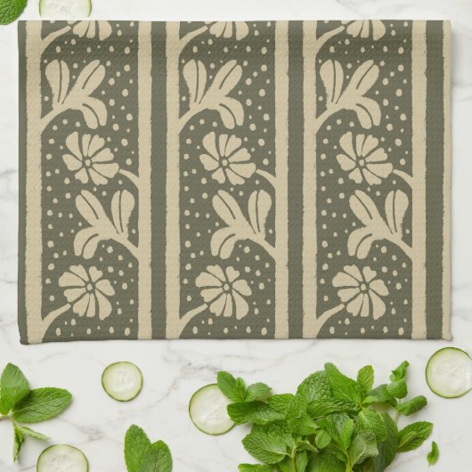 Art Nouveau Elegante Bloemen Beige en Sage Green Theedoek (Gevouwen)