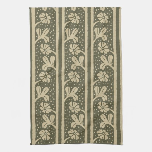 Art Nouveau Elegante Bloemen Beige en Sage Green Theedoek (Verticaal)