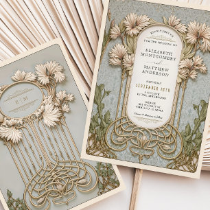 Art Nouveau Elegante Bloemen Motief Trouwen Kaart