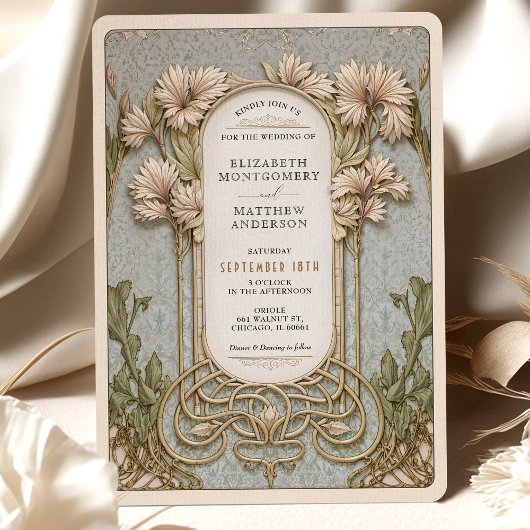Art Nouveau Elegante Bloemen Motief Trouwen Kaart