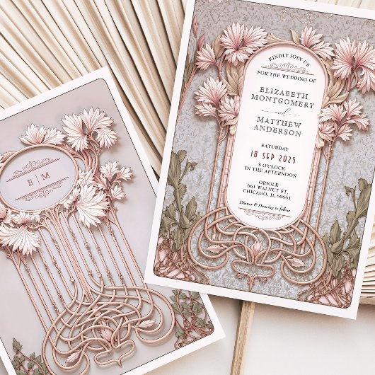 Art Nouveau Elegante Bloemen Motief Trouwen Kaart