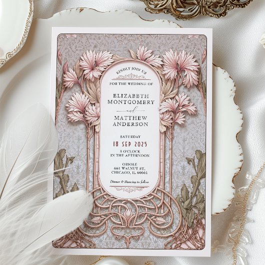 Art Nouveau Elegante Bloemen Motief Trouwen Kaart