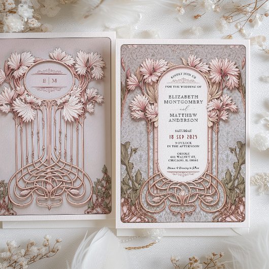 Art Nouveau Elegante Bloemen Motief Trouwen Kaart