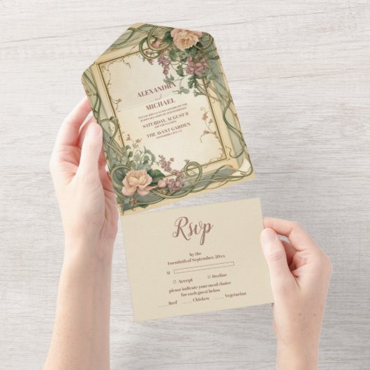 Art Nouveau Elegante Botanische bruiloft All In One Uitnodiging (Afscheurbaar)