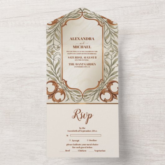 Art Nouveau Elegante Botanische bruiloft All In One Uitnodiging (Binnen)