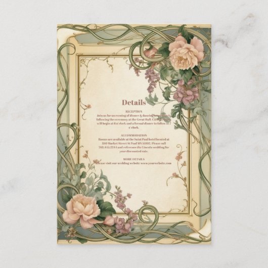 Art Nouveau Elegante Botanische bruiloft Informatiekaartje (Voorkant)