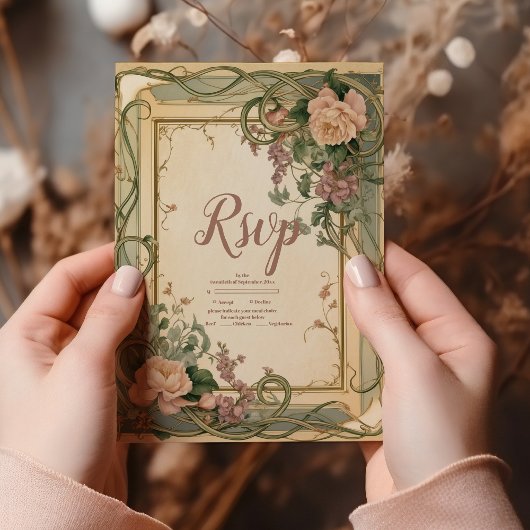 Art Nouveau Elegante Botanische bruiloft RSVP Kaartje
