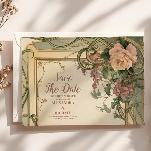Art Nouveau Elegante Botanische bruiloft Save The Date