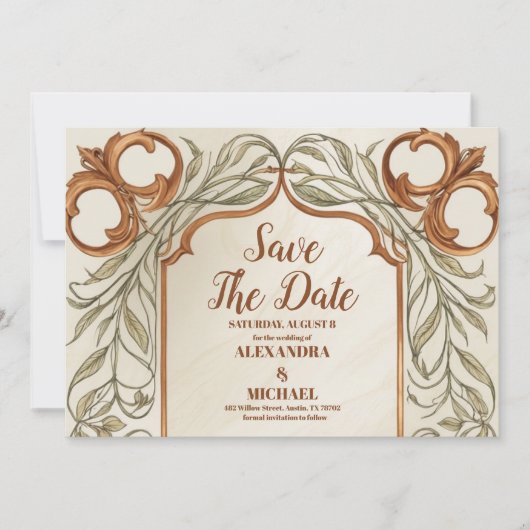 Art Nouveau Elegante Botanische bruiloft Save The Date (Voorkant)