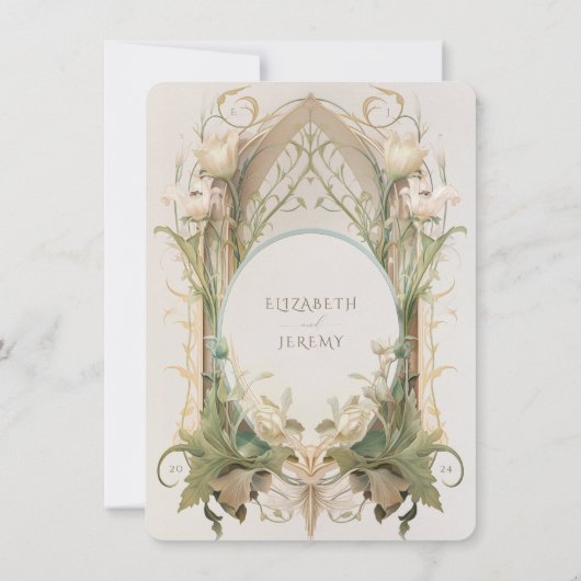 Art Nouveau Elegantie: Bloemenbruiloft RSVP Kaart (Achterkant)