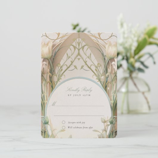 Art Nouveau Elegantie: Bloemenbruiloft RSVP Kaart (Staand voorkant)