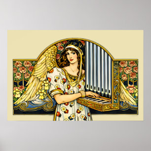 Art Nouveau Engel Orgel Speler Vintage Muziek Poster