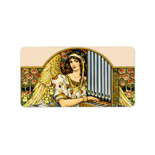 Art Nouveau Engel Orgelspeler Vintage Muziek Etiket