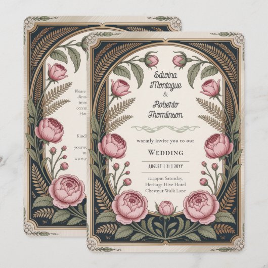 Art Nouveau Erfgoed Bloemige Bruiloft Zwart Goud Kaart (Voorkant / Achterkant)