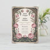 Art Nouveau Erfgoed Bloemige Bruiloft Zwart Goud Kaart (Staand voorkant)