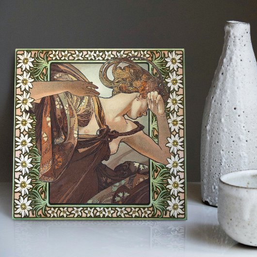 Art Nouveau Étoile du Soir Mucha Edelweiss Decor Tegeltje