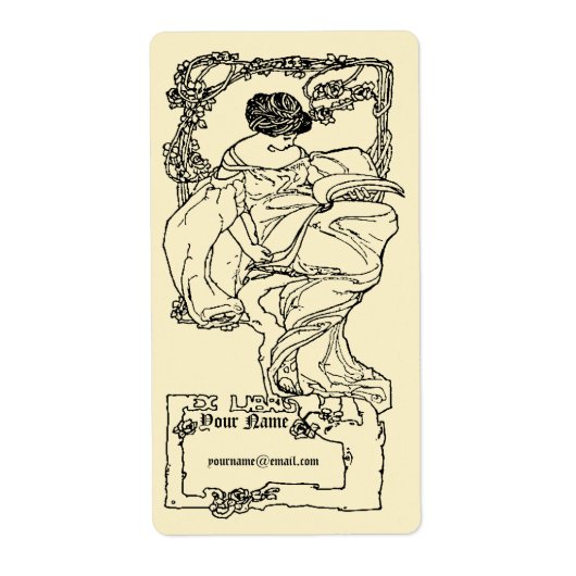 Art Nouveau Ex Libris Girl & Book on Roos Sjabloon Etiket (Voorkant)
