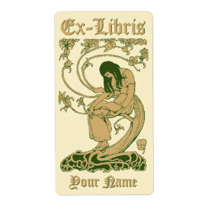 Art Nouveau Ex Libris Lady Book Tree Sjabloon Etiket