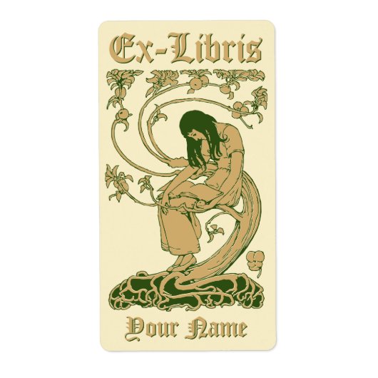 Art Nouveau Ex Libris Lady Book Tree Sjabloon Etiket (Voorkant)