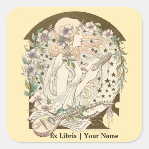 Art Nouveau Ex Libris Meisje Met Boek & Sterren Vierkante Sticker