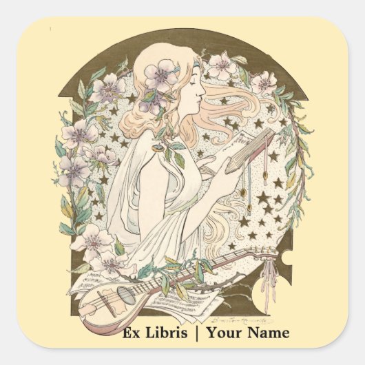 Art Nouveau Ex Libris Meisje Met Boek & Sterren Vierkante Sticker (Voorkant)