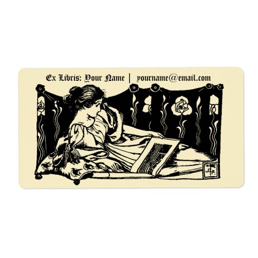 Art Nouveau Ex Libris Reclining Girl & Book Etiket (Voorkant)