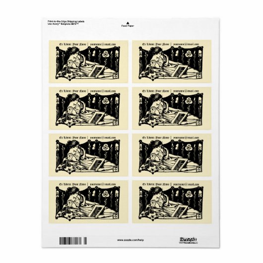 Art Nouveau Ex Libris Reclining Girl & Book Etiket (Full Sheet)