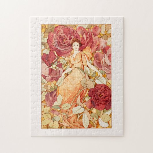 Art Nouveau Fairy met Rode en Oranje Rozen Legpuzzel (Verticaal)
