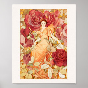 Art Nouveau Fairy met Rode en Oranje Rozen Poster