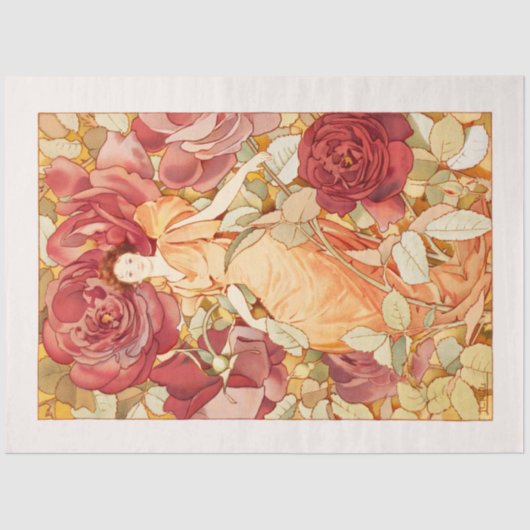 Art Nouveau Fairy met Rode en Oranje Rozen Tissuepapier (Voorkant)