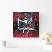 ART NOUVEAU FAUN Red Burgundy, Black Damask Vierkante Klok (Huis)