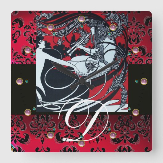 ART NOUVEAU FAUN Red Burgundy, Black Damask Vierkante Klok (Voorkant)