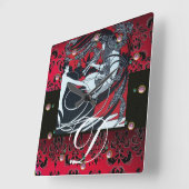 ART NOUVEAU FAUN Red Burgundy, Black Damask Vierkante Klok (Hoek)