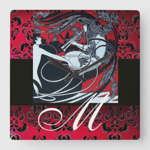 ART NOUVEAU FAUN Red Burgundy, Black Damask Vierkante Klok