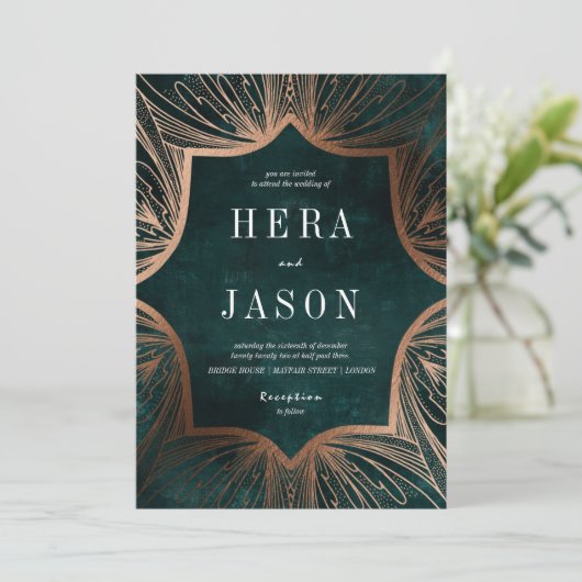 Art Nouveau faux brons en donkergroen uitnodiging (Staand voorkant)