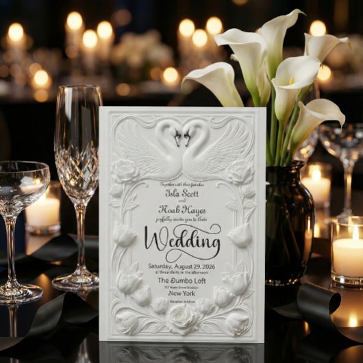 Art Nouveau Faux Embossed Swan Wedding Kaart