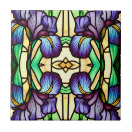 Art Nouveau Faux Glas in lood Paarse irisbloemen Tegeltje