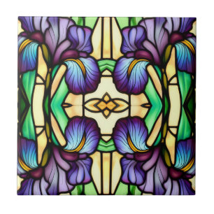 Art Nouveau Faux Glas in lood Paarse irisbloemen Tegeltje