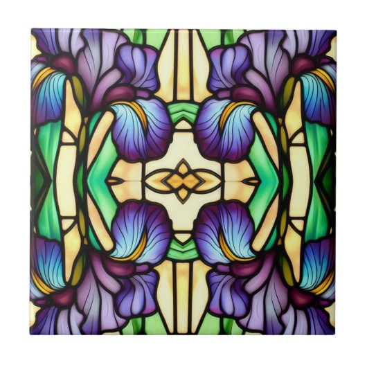 Art Nouveau Faux Glas in lood Paarse irisbloemen Tegeltje (Voorkant)