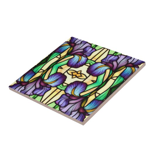 Art Nouveau Faux Glas in lood Paarse irisbloemen Tegeltje (Zijkant)