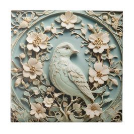 Art Nouveau Faux Relief Bird & Spring Flowers Mint Tegeltje