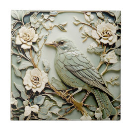 Art Nouveau Faux Relief Blackbird Bird Pastel Mint Tegeltje